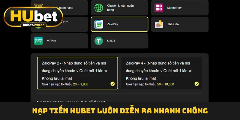 Nạp tiền HUBET luôn diễn ra nhanh chóng