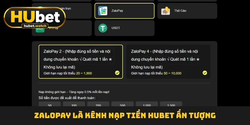 Zalopay là kênh nạp tiền HUBET  ấn tượng